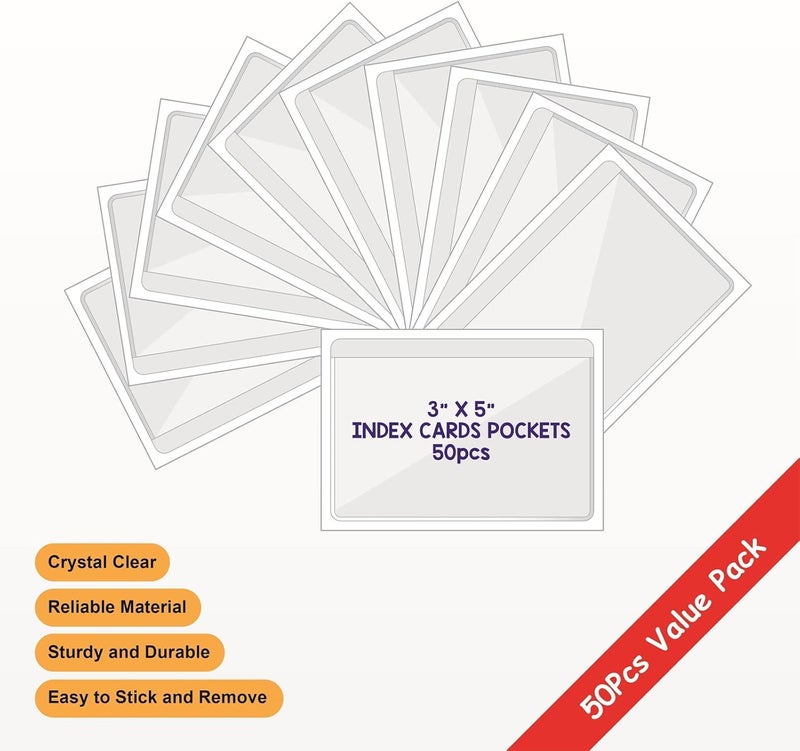 IMAGAME Clear Adhesive 3" x 5" Index Card Pockets With Top Open Loading, 50 Pack, Plastic Labels Holders for Storage Bins and Library, Ideal for Organizing and Protecting Your Cards - Image 2